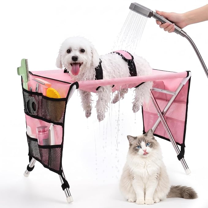 Elvo pet grooming hammock stand ready for a cat or small dog