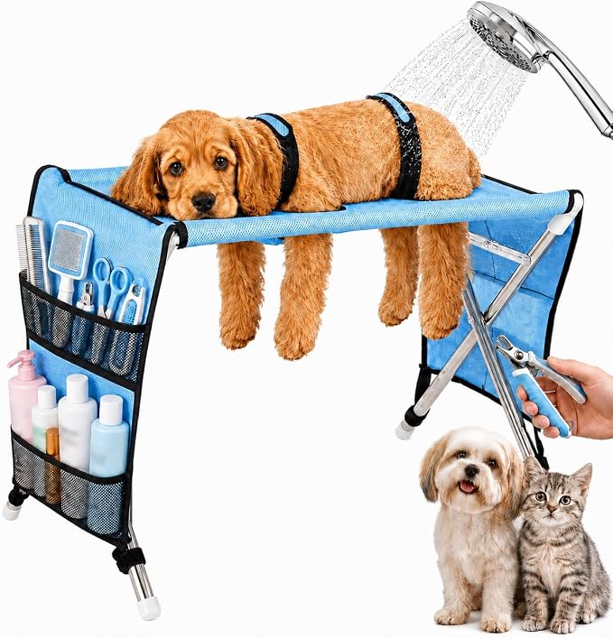 Elvo foldable pet grooming hammock stand, full product view