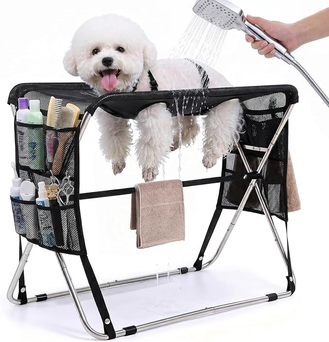 Elvo pet grooming hammock stand showing the mesh and frame together