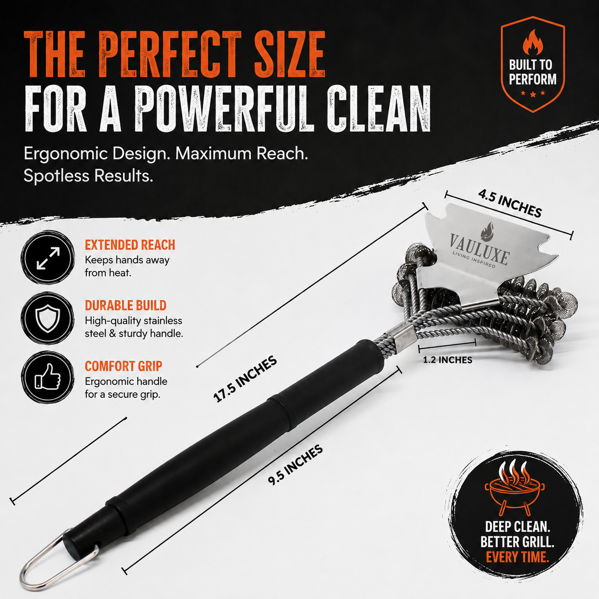 VAULUXE 18" Bristle-Free Grill Brush & Scraper — Safe BBQ Grate Cleaner for Gas, Charcoal & Porcelain Grills