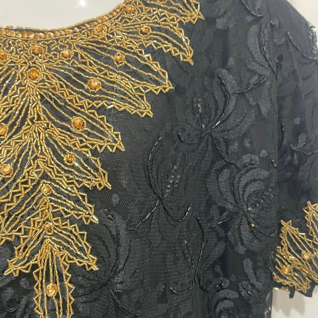 Black Gold Beaded Lace Dress