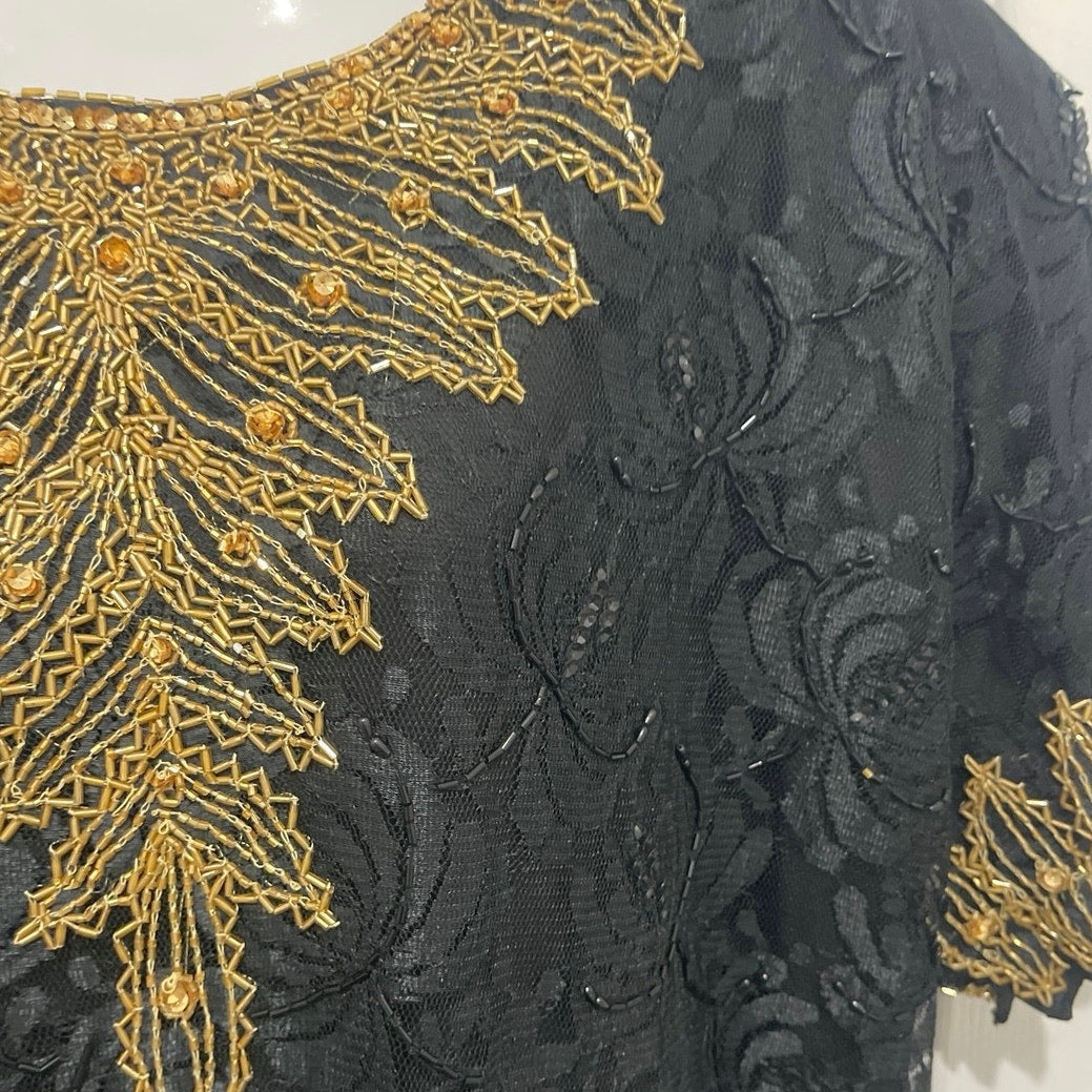 Black Gold Beaded Lace Dress